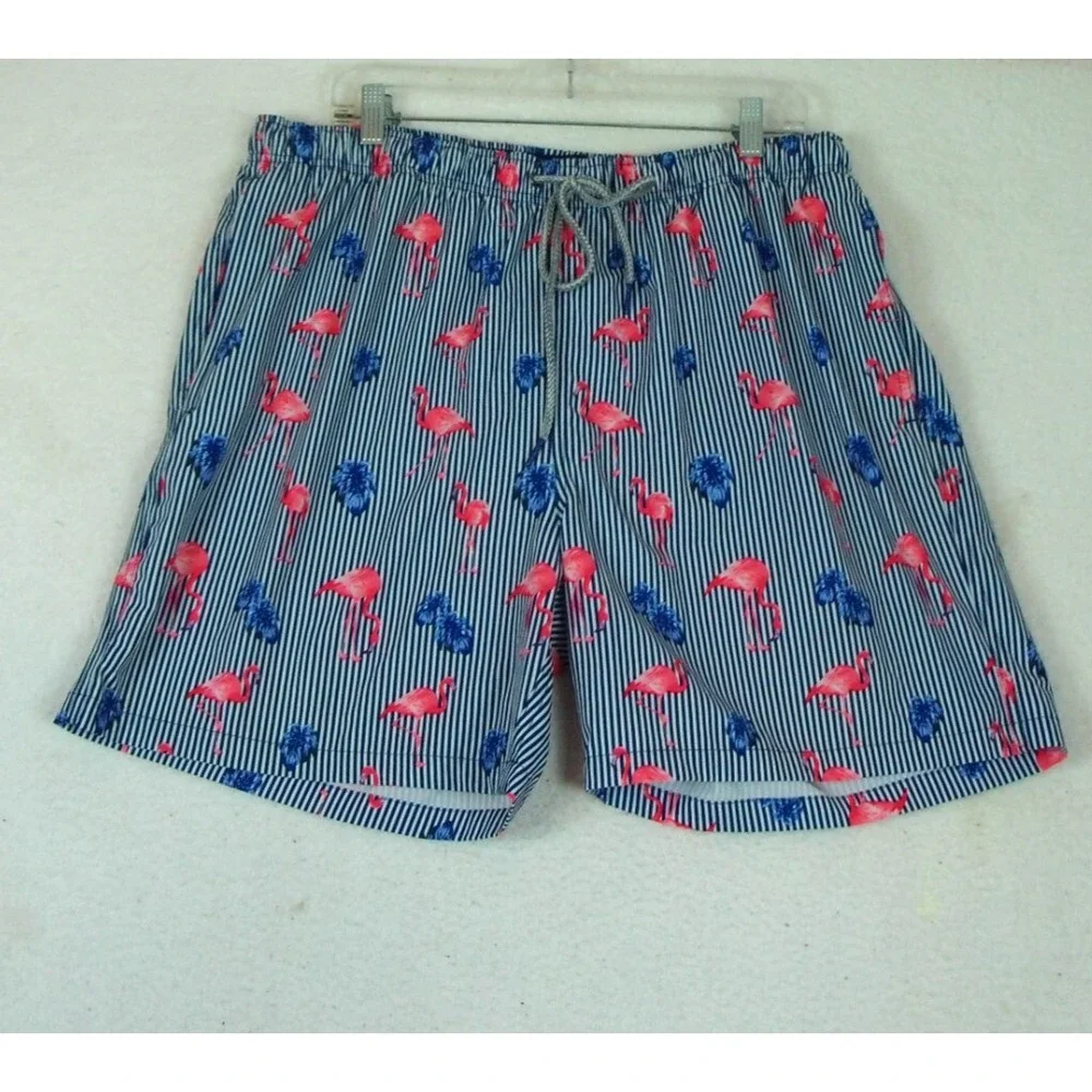 Rainforest‎ Men's Swim Trunks Size XL Flamingos Striped Lined Swimsuit Shorts